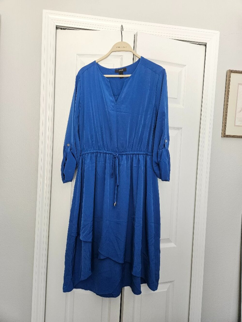 Blue High-Low Dress with waist tie and rolled sleeves